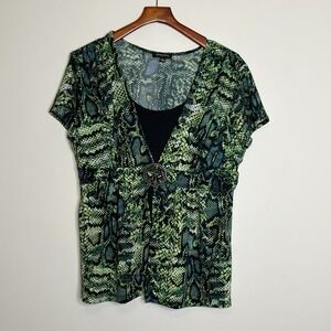 Y2K Womens Top XL Snakeskin Faux Layer Stretch Knit Metallic Snake Emblem Grunge